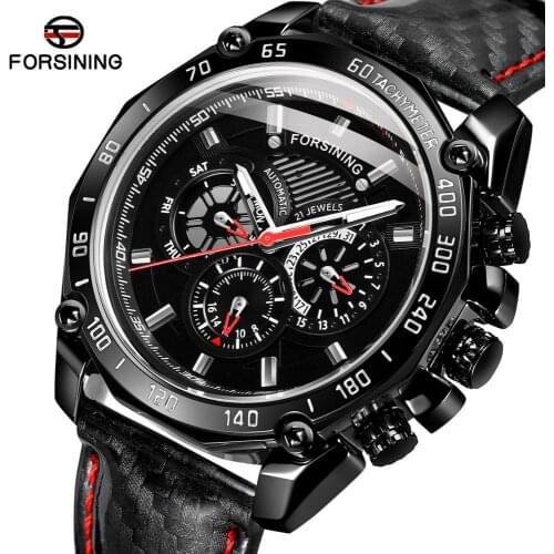 Forsining 2019 New Fashion Mens Watch Automatic Black 3 Dial Calendar Luminous Hand Reflective Leather Band Mechanical Watches