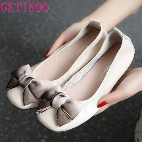 GKTINOO Genuine Leather Female Flat Shoes Bow Square Head Fashion Shoes 2021 New Spring Soft Comfortable Shoes Woman Flats