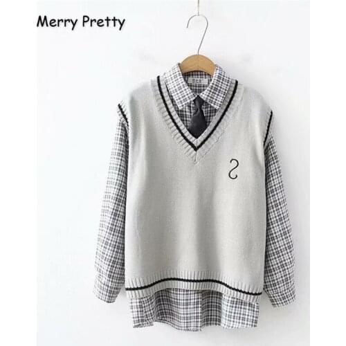 Merrt Pretty Womens Sets Letter Embroidery V-Neck Knitted Tanks And Single-breasted Tie Plaid Blouse 2020 Winter Two Piece Set