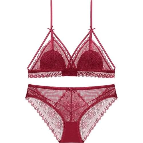 Sexy Thin Lined Sun Flower Lace Triangle Cup Bra and Transparent Panties Set Underwear Wireless Girls Bra Women Lingerie