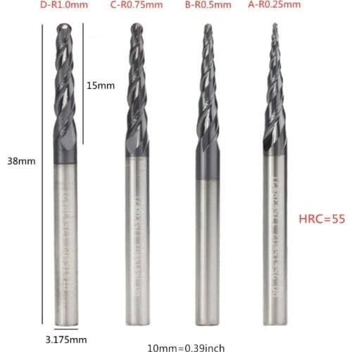 Tapered Ball Nose End Mill 3.175mm Shank Carbide Wood Engraving Bit Router