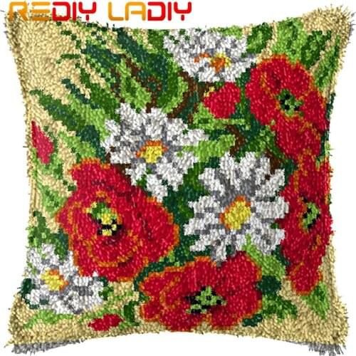 Latch Hook Cushion Poppy & Daisy Printed Canvas Cushion Front Acrylic Yarn Crochet Pillow Case Kits Sofa Bed Pillows Home Decor