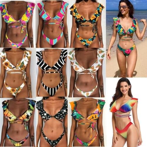Ruffles Strap Swimsuit Sexy Flower Print Two Pieces Bikini Set Swimsuit Brazilian Women Beachwear Swimwear Trajes Bathing Suit