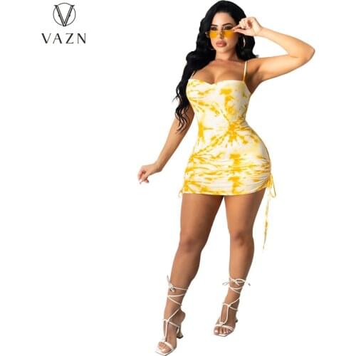 VAZN 2020 Summer Boho Beach Simple Casual Mini Dresses Sleeveless Strapless Women Elegant Sexy Dress