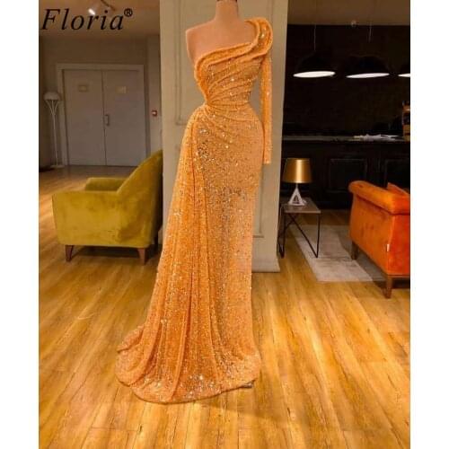 Fashion Couture Orange Cocktail Dresses 2020 Long Muslim Prom Dresses Woman Party Night One Shoulder Evening Gowns With Beading
