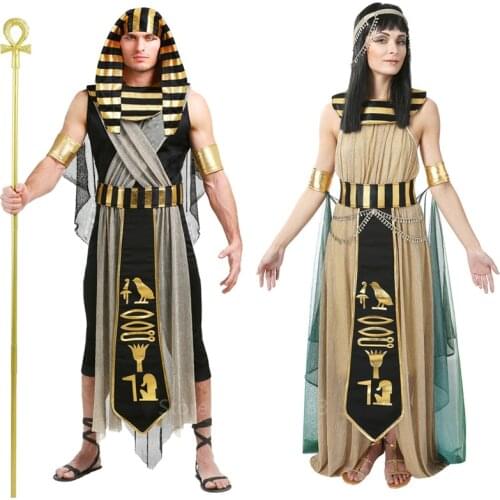 Mens Pharaoh Costume Cosplay Egypt Egyptian Outfits Adult Queen Cosplay Halloween Costumes for Women Carnival Party Fancy Dress