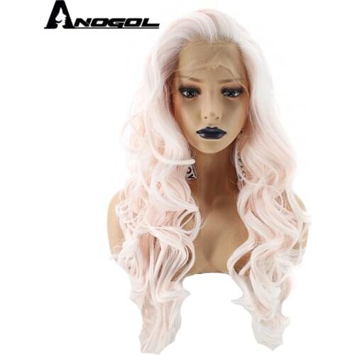 Anogol High Temperature Fiber Long Light Pink White Water Wave Synthetic Lace Front Wig Free Part for Women Daily Use