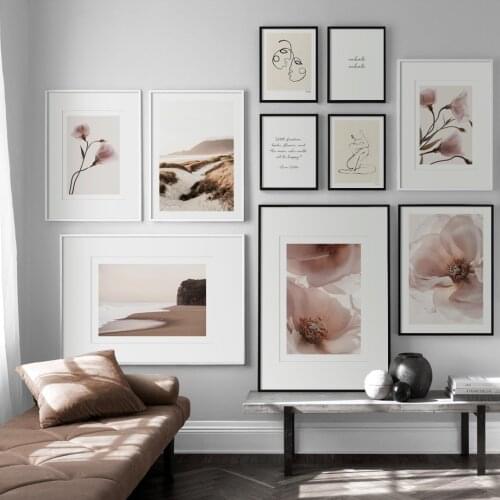 Beach Cliff Faces Line Pink Flowers Beach Calm Waves Nordic Poster Wall Art Print Canvas Painting Decor Picture For Living Room