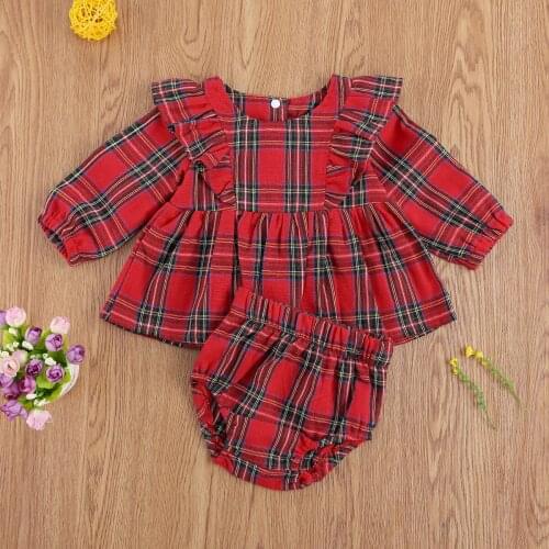 Toddler Baby Girls 2 Piece Set Christmas Outfits Red Plaid Long Sleeve Ruffle Blouse Tops+ Short Bottoms Clothes Sets