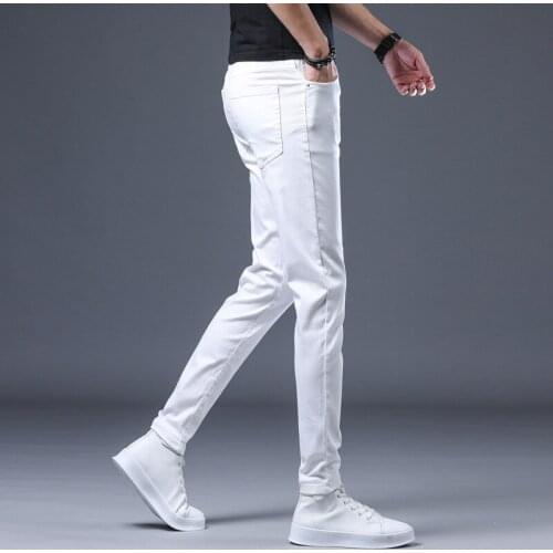 Stretch Skinny Mens Jeans 2021 Spring Autumn Midweight Handsome Denim Pencil Pants White Casual Slim Straight Jeans Size 34 36
