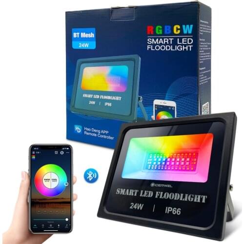 Outdoor Smart RGBWC LED Floodlight 24W with RF Remote Control Dimmable Warm White to Cool White,Bluetooth Mesh Garden Landscape