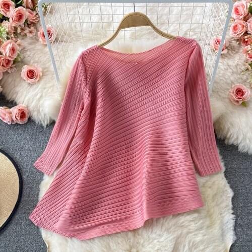 Autumn New Irregular Loose Oversized Chiffon Pleated Blouse Women Casual Chic Solid Color Top