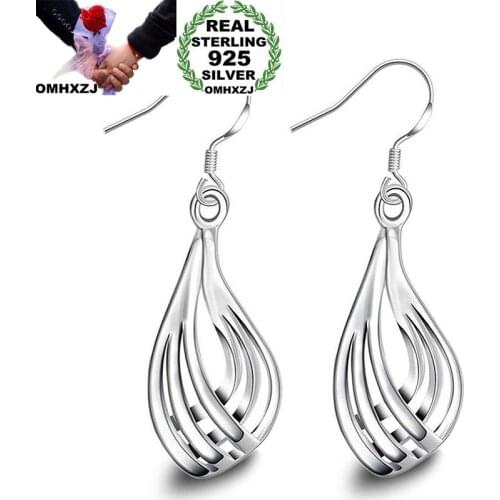 OMHXZJ Wholesale Personality Fashion OL Woman Girl Party Wedding Hollowed Silver Water Drop 925 Sterling Silver Earrings YE302