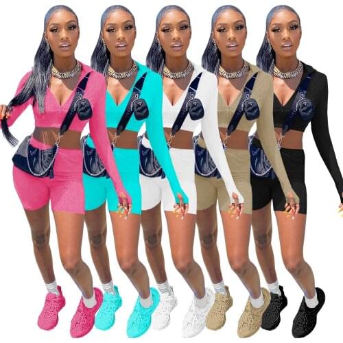 Casual Long Sleeve 2 Pieces Sportwear Sets Women Zip-up Crop Top and Biker Shorts Summer Outfits Matching Sets 2021 Clothes