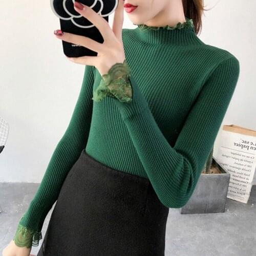 2019 New Women Knitted Pullover Turtleneck Lace Patchwork Autumn Winter Women Sweaters Lady Pullovers