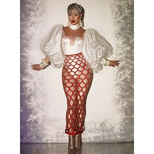 Fashion White Lantern Sleeve Plaid Hollow Dress Women Birthday Celebrate Prom Party Outfit Nightclub Bar Singer Stage Costume