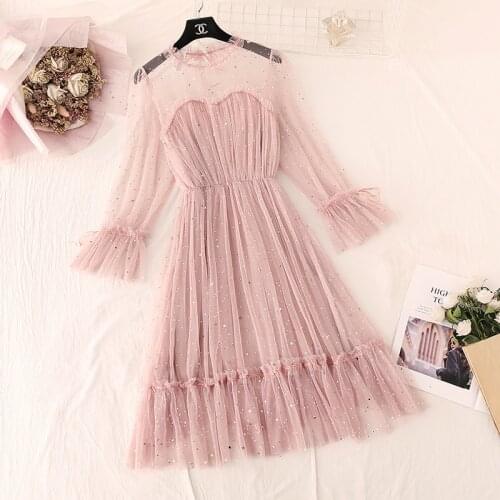 2021 Spring Mesh Flare Sleeve A Line Dress Autumn Elastic Waist Elegant Dress Women Printing Party Fashion Vestidos Chic 12240