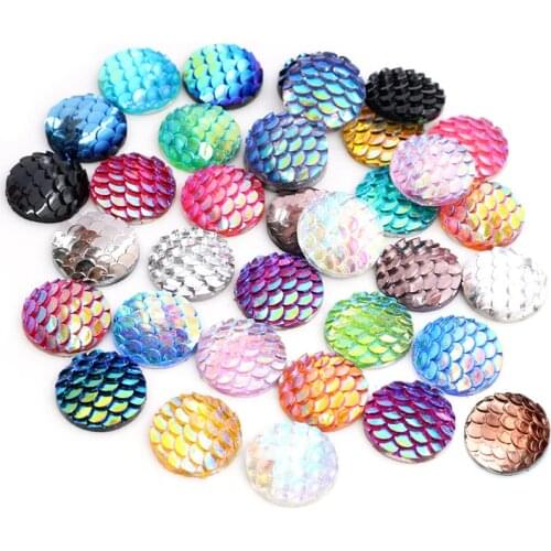 40pcs 8mm 10mm 12mm Mix Colors Mermaid Fish Scale Flat back Rhinestone Round Cabochon Embellishment Scrapbooking DIY Crafts