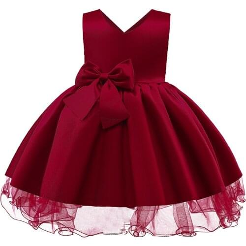Kids Sleeveless Solid Color V-Neck Bow Lace Trim Satin Tutu Dress For Girls Birthday Party Opening Ceremony Prom Evening Dresses