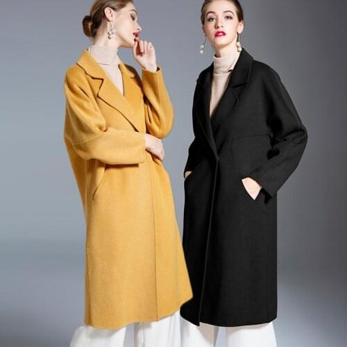 Long woolen blends cashmere coats for women 2019 autumn winter ladies jackets plus size overcoat double sided yellow black