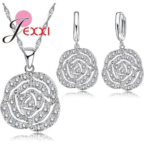 Elegant Romance Woman Favorite Rose Pendant Necklace Earrings Fashion Clear Zircon Rhinestone Sterling Silver Jewelry Set
