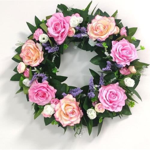 Artificial Pink Rose Flowers Wreath Green Leaves Lavender Garland For Wedding Decoration Home Door Decor