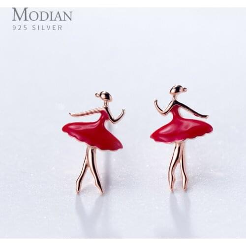 Modian Fashion 925 Sterling Silver Lady Dancing Red Enamel Stud Earrings for Women Elegant Charm Sterling Silver Jewelry 2020