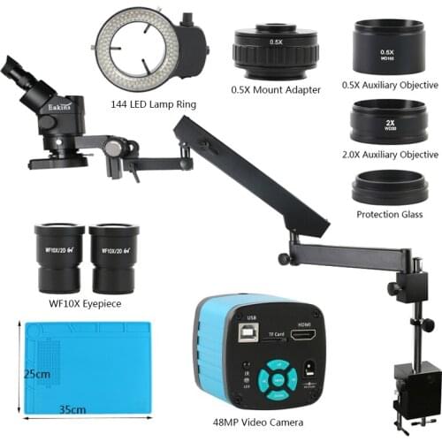 3.5X 90X Simul-focal Lab Trinocular Stereo Microscope 1080P 48MP HDMI USB Video Microscope Camera +Articulating Arm Pillar Clamp