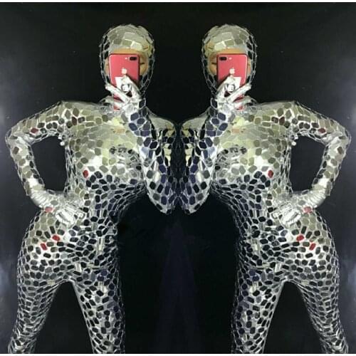 R29 Silver mirror female bodysuit dj stage performance wears outfits bar jumpsuit tight robot women ballroom dance costumes club