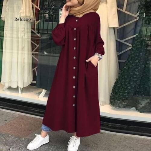 Plus Size Muslim Dresses Woman Shirt Dress Long Sleeve Maxi Vestidos Female Button Robe High Waist Solid Sundress