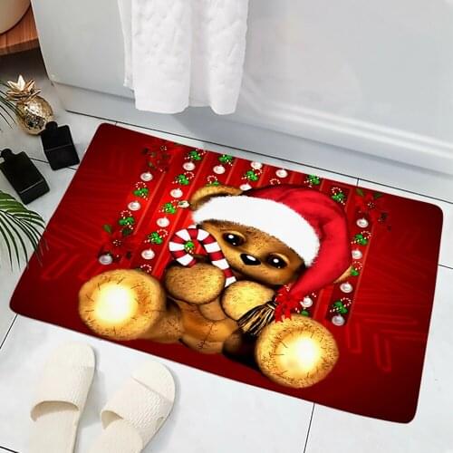 Merry Christmas Doormat Cute Bear Gift Printed Decor Carpet Non Slip Flannel Doormat for Bathroom and Living Room Kitchen Mat