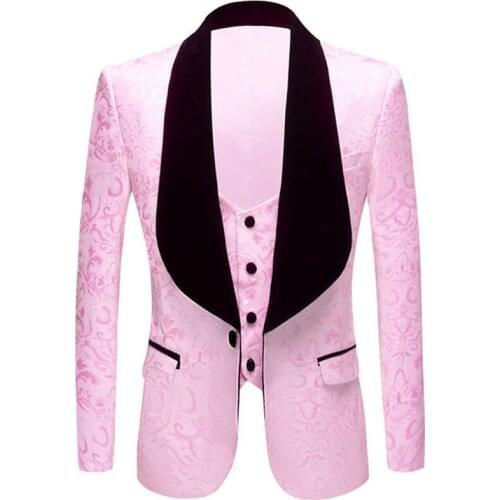 Pink Jacquard Blazer 2 Piece Vest Blazers Men Casual Slim Shawl Lapel Suit Wedding Stage Singer Performance Costume Homme