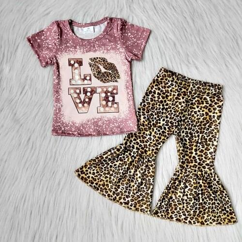 Valentines Day Toddler Kids Short Sleeve Outfits Girl Love Letters Shirt And Bells Sets Children Fashion Leopard Spring Clothes