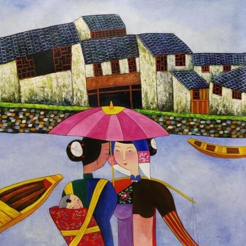 Hand painted Oil Painting on Canvas Hu YongKai Chinese Contemporary Art Woman Wall Art Pictures for Living Room Home Decor #1009