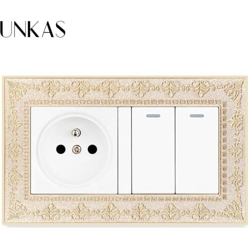 UNKAS Zinc Alloy Metal Panel Russia Spain French Standard Socket + 2 Gang 1 / 2 Way On / Off Light Switch Embossing Retro Frame