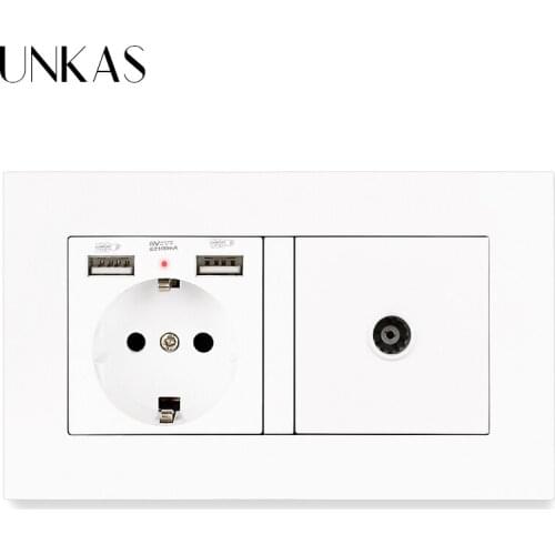 UNKAS Gray EU Standard Power Socket Grounded With Female TV Jack 2100mA Dual USB For Mobile PC Plastic Panel Grey Outlet