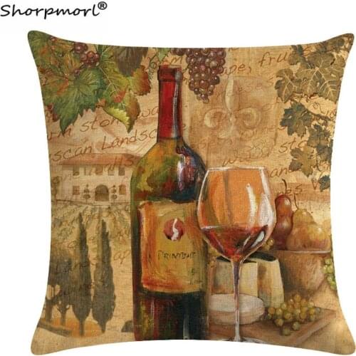 45x45cm Home Decorative Wine Bottle Print Cushion Cover Linen Office Sofa Car Vintage Throw Pillowcase for Bed