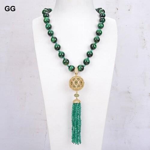 GuaiGuai Jewelry 21" Green Tiger Eye Green Agate Tassel Necklace CZ Pendant