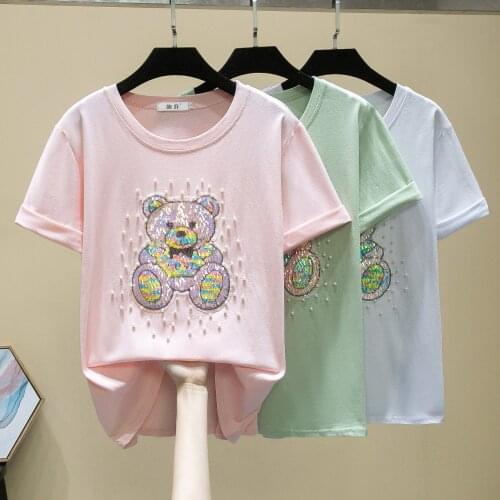 Spring Summer Women T Shirt New Cartoon Bear Color Nail Bead Printing Round Neck Loose Short Sleeve T-shirt For Women