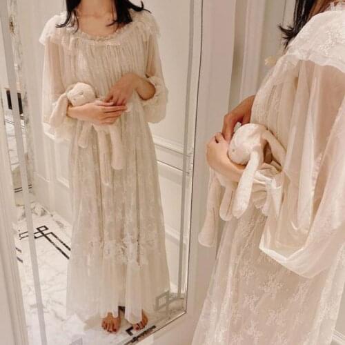 Royal Style Lovely Lady Princess Dress Flower Lace Sleepshirts Vintage Ladies Girls Gauze Nightgown Nightdress Home Sleepwear