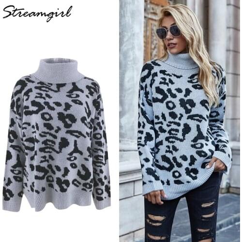 Leopard Print Sweater Turtleneck Women Oversize Winter Loose Large Size Long Sleeve turtleneck pullovers sweater Leopard Jumper