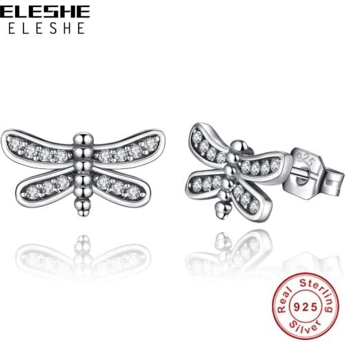 Authentic 100% 925 Sterling Silver Petite Dragonfly Stud Earrings For Women Party Wedding Clear CZ Animal Earrings Jewelry
