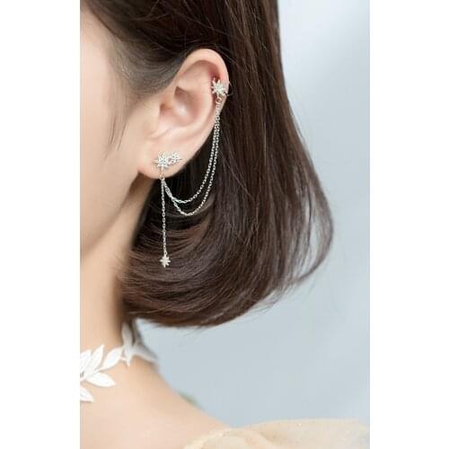 MloveAcc SINGLE PIECE 925 Sterling Silver Star Charm Tassel Earrings with CZ for Women Holiday Party Ear Jewelry