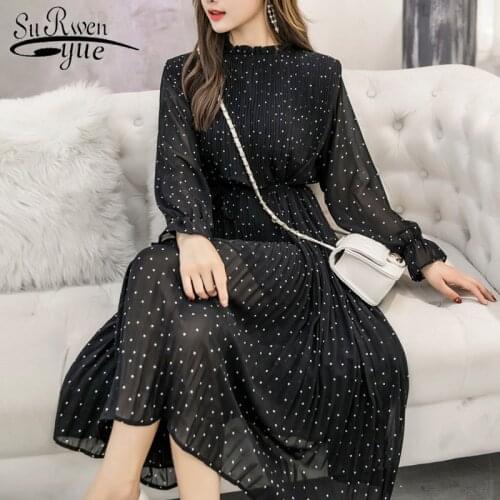 Black Vintage ClotheS Spring Lady Long Chiffon Dress 2021 Korean Fashion Women Long Sleeved Polka Dot Pleated Dresses 3670 50