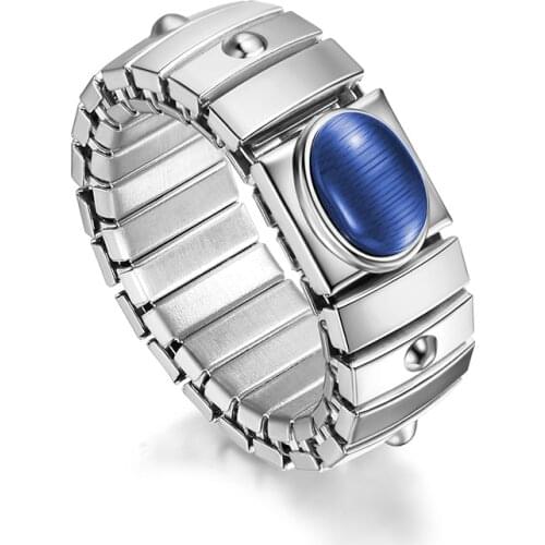 Hapiship Women Jewelry 9mm Width Stainless Steel Blue Opals Elastic Ring Size 7.5 For Best Friend Wife Birthday Gift RS05