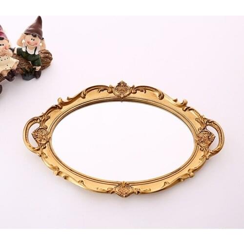 1pc European Decorative Creative Retro Storage Plate Home Decoration Cosmetic Storage Tray Mirror Plate (Golden) MJ