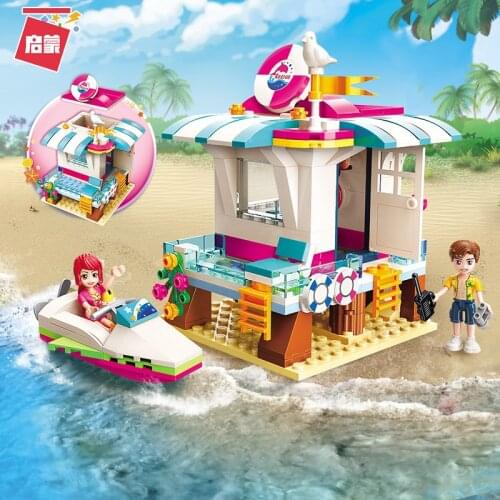 229PCS Enlightenment 2019 Seaside Rescue Hut Street View Assembly Model Girl Assembling Building Blocks and Toys