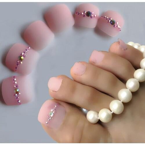24pcs/set Frosting Acrylic Pointed False Toe Nails pink Tips Feet Full Nail Manicure Kits Nail Art Decoration Custom Rhinestone