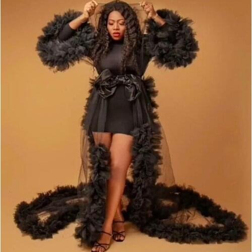 Black Maternity Dresses for Photoshoot Fluffy Luxury Ruffles Pajamas Belt Party Nightgowns Custom Made Pregnacy Gowns Shoot