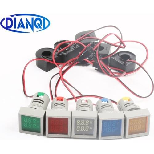 Mini Digital Voltmeter Ammeter 22mm squarAC 50-500V 0-100A Current Voltage Volt Tester Meter Dual LED Indicator Pilot Lamp Light